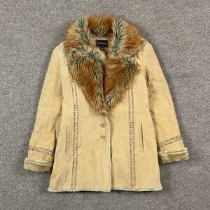 VTG Outbrook Tan Suede Leather Penny Lane Coat Women’s L Fur Lined Shawl Collar